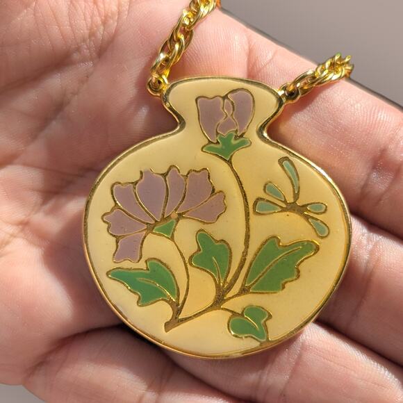 VTG Signed THAILAND Enamel PENDANT NECKLACE Asian Flower Art 24" Chain - Picture 5 of 5